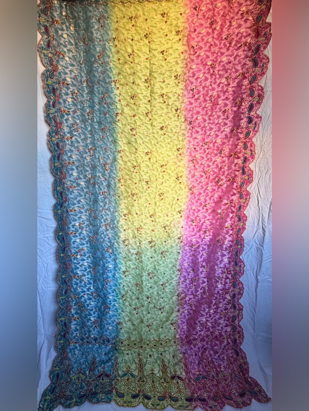 Vibrant Vintage Heavy Hand-Embroidered Banarasi Silk Dupatta / Scarf / Tapestry